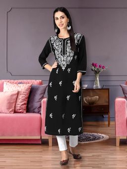 Seva Chikan - Hand Embroidered Black Cotton Lucknowi Chikankari Kurta