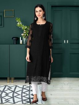 Seva Chikan - Hand Embroidered Black Georgette Lucknowi Chikankari Kurta With Inner (Set of 2)