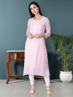 Seva Chikan - Hand Embroidered Pink Georgette Lucknowi Chikankari Kurta With Inner (Set of 2)