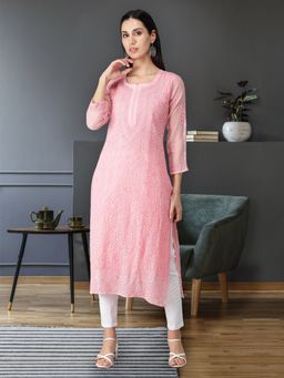 Seva Chikan - Hand Embroidered Peach Georgette Lucknowi Chikankari Kurta With Inner (Set of 2)