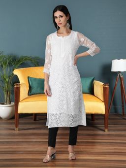 Seva Chikan - Hand Embroidered White Georgette Lucknowi Chikankari Kurta With Inner (Set of 2)
