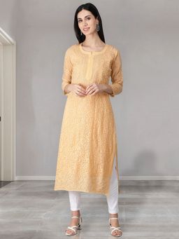 Seva Chikan - Hand Embroidered Fawn Georgette Lucknowi Chikankari Kurta With Inner (Set of 2)