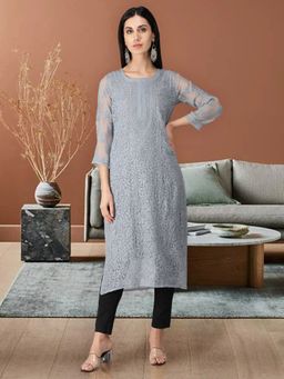 Seva Chikan - Hand Embroidered Grey Georgette Lucknowi Chikankari Kurta With Inner (Set of 2)
