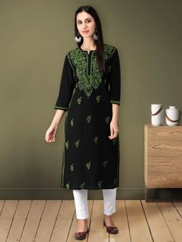 Seva Chikan - Hand Embroidered Black Cotton Lucknowi Chikankari Kurta