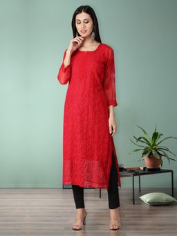 Seva Chikan - Hand Embroidered Red Georgette Lucknowi Chikankari Kurta With Inner (Set of 2)