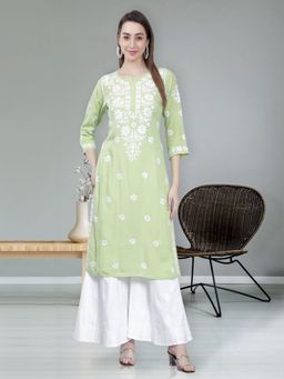 Seva Chikan - Hand Embroidered Green Rayon Cotton Lucknowi Chikankari Kurta