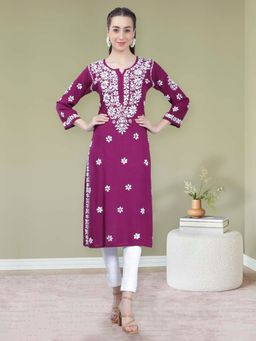 Seva Chikan - Hand Embroidered Purple Rayon Cotton Lucknowi Chikankari Kurta