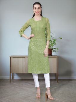 Seva Chikan - Hand Embroidered Green Georgette Lucknowi Chikankari Kurta