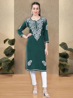 Seva Chikan - Hand Embroidered Green Rayon Cotton Lucknowi Chikankari Kurta