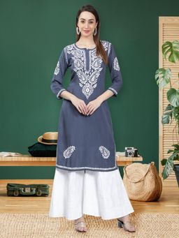 Seva Chikan - Hand Embroidered Grey Rayon Cotton Lucknowi Chikankari Kurta