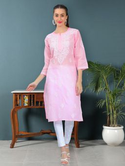 Seva Chikan - Hand Embroidered Pink Terivoil Cotton Lucknowi Chikankari Kurta