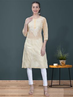 Seva Chikan - Hand Embroidered Beige Terivoil Cotton Lucknowi Chikankari Kurta