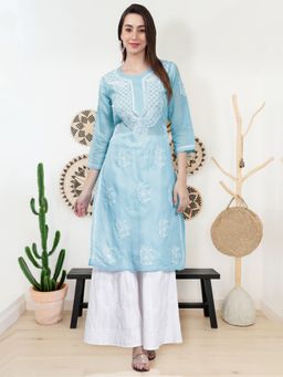 Seva Chikan - Hand Embroidered Blue Terivoil Cotton Lucknowi Chikankari Kurta