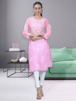 Seva Chikan - Hand Embroidered Pink Terivoil Cotton Lucknowi Chikankari Kurta