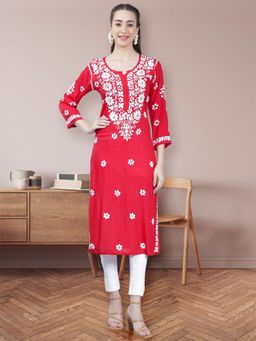 Seva Chikan - Hand Embroidered Red Rayon Cotton Lucknowi Chikankari Kurta