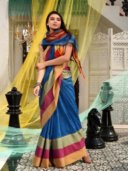 CHARUKRITI - Blue Blended Cotton Handwoven Saree With Temple Design with Unstitched Blouse Piece