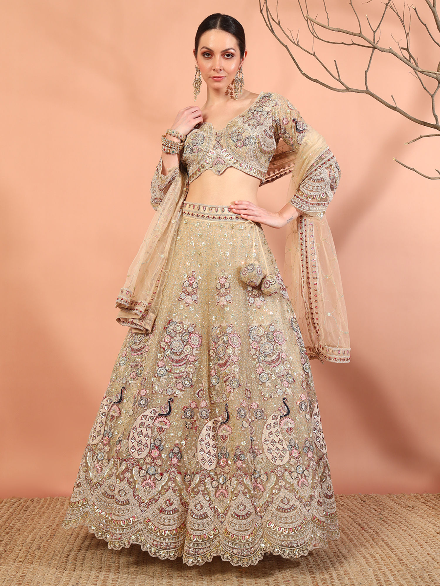 Gold Embroidered Lehenga and Choli with Dupatta (Set of 3)-image-3