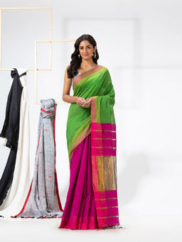 Angoshobha - Green & Pink Cotton Blended Handloom Festive Saree with Unstitched Blouse