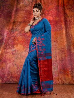 CHARUKRITI - Teal Blended Cotton Handwoven Saree with Texture Design and Unstitched Blouse