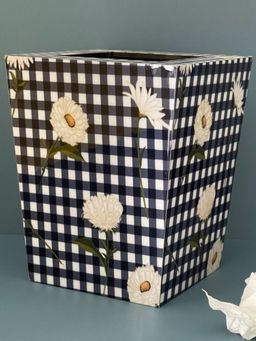 CasaGold - Floral Printed Blue Resin Wood Dustbin