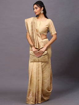 Akhilam - Women's Silk Cotton Cream Woven Design Woven Saree with Unstitched Blouse