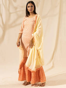 Likha - Orange Jaipuri Printed Kurta Sharara & Dupatta LIKSKD06 (Set of 3)