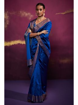 Dressfolk - Royal Blue Silk Satin Saree with Wide Metallic Border without Blouse