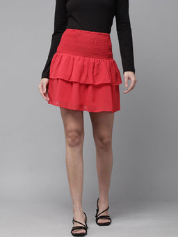 RARE - Women Casual Red Solid Knee Length Skirt