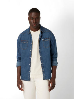 Guess - Blue Amsterdam Cotton Blend Solid Denim Shirt