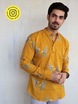 Chidiyaa - Mustard Fly On Block Printed Mens Shirt