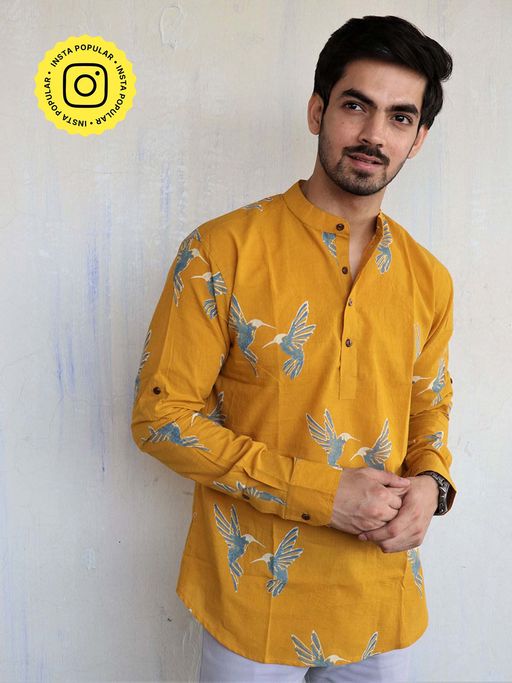 Chidiyaa Mustard Fly On Block Printed Mens Shirt