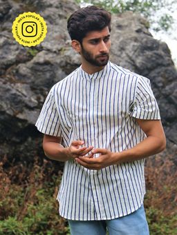 Chidiyaa - Ivory Striped Block Printed Cotton Half Sleeved Shirt