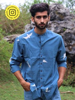 Chidiyaa - Blue Fly On Block Printed Cotton Shirt