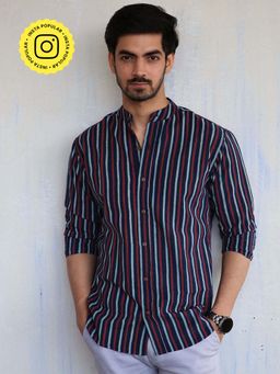Chidiyaa - Blue Stripe Block Printed Mens Shirt