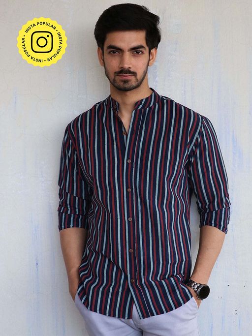 Chidiyaa Blue Stripe Block Printed Mens Shirt
