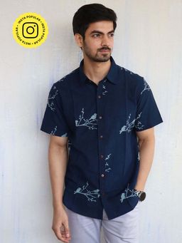 Chidiyaa - Blue Bird On Branch Block Printed Mens Shirt