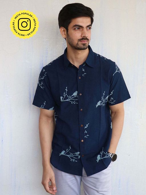 Chidiyaa Blue Bird On Branch Block Printed Mens Shirt