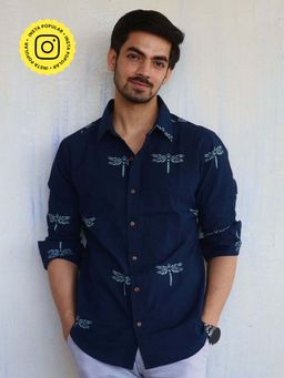 Chidiyaa - Navy Blue Dragonfly Block Printed Mens Shirt