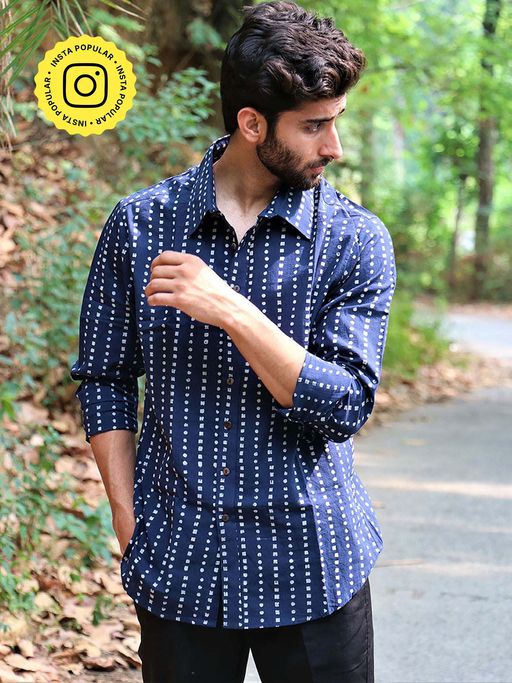 Chidiyaa Midnight Navy Blue Block Printed Cotton Shirt