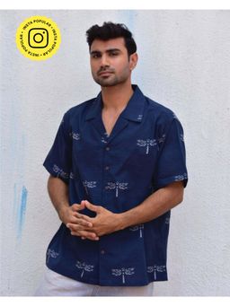 Chidiyaa - Jilibi Dragonfly In Blue Hand Block Printed Pure Cotton Shirt