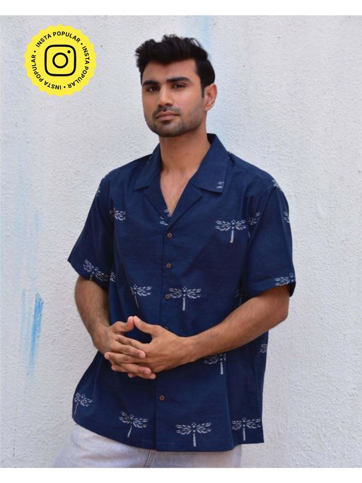Chidiyaa Jilibi Dragonfly In Blue Hand Block Printed Pure Cotton Shirt