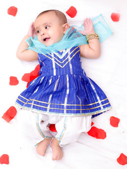 BownBee - Girls Blue Stripe Ethnic Kurta & Dhoti with Dupatta