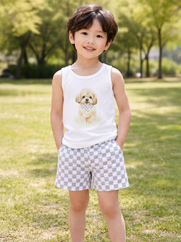 Mi Arcus - Boys Cotton White Printed Vest & Shorts