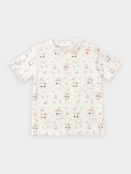 Mi Arcus - Girls Cotton Cream All-Over Kitty Print Short Sleeve T-shirt