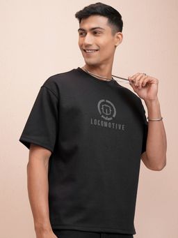 LOCOMOTIVE - Men Black Round Neck Brand Logo Oversized T-Shirt