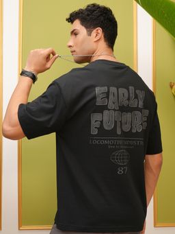 LOCOMOTIVE - Men Black Round Neck Half Sleeve Oversized T Shirt