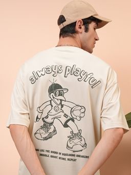 LOCOMOTIVE - Men Cream Round Neck Half Sleeve Oversized T Shirt