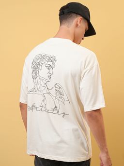 LOCOMOTIVE - Men Off White Round Neck Half Sleeve Oversized T Shirt