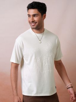 LOCOMOTIVE - Men Off White Relaxed Fit Drop Shoulder Round Neck Half Sleeve T-shirt