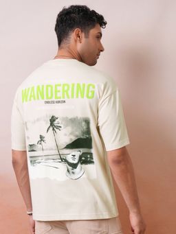 LOCOMOTIVE - Men Cream Round Neck Half Sleeve Over Sized Drop Shoulder T- Shirt